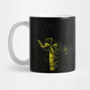 Digital collage and special processing. Hand full of spikes. Cursed. Green and yellow. Mug